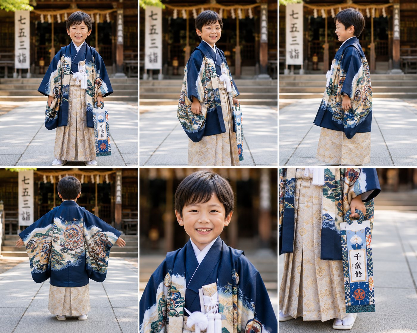 紺の羽織に袴を合わせた5歳の男の子。前後と横からの様子、千歳飴の袋を持ったところ