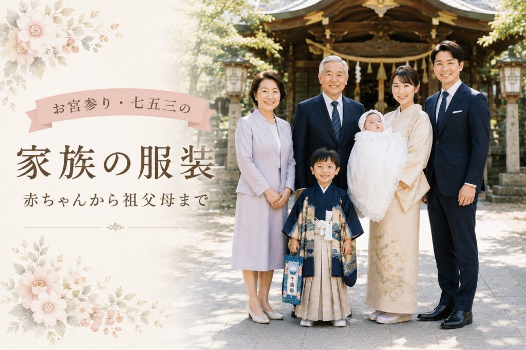 神社の社殿の前に並ぶ祖父母・両親・七五三の男の子・祝い着の赤ちゃん