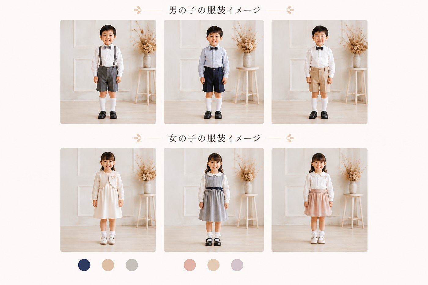 シャツに半ズボンの男の子3例と、ワンピースやブラウスとスカートの女の子3例。それぞれの配色を丸で示した図