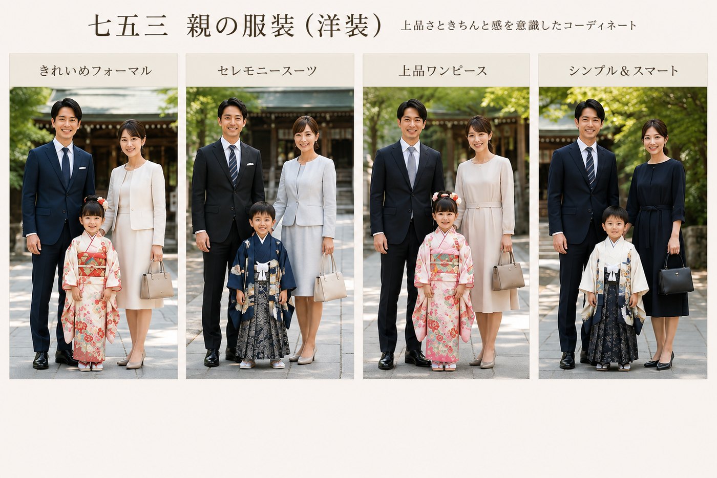 父はダークスーツ、母はセレモニースーツやワンピース。七五三の子どもと並んだ4例