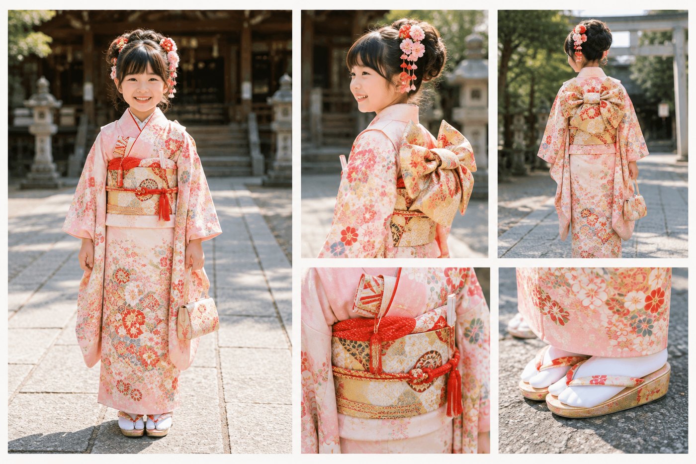 四つ身の着物に帯を締めた7歳の女の子。前後と横からの様子、帯結びと草履
