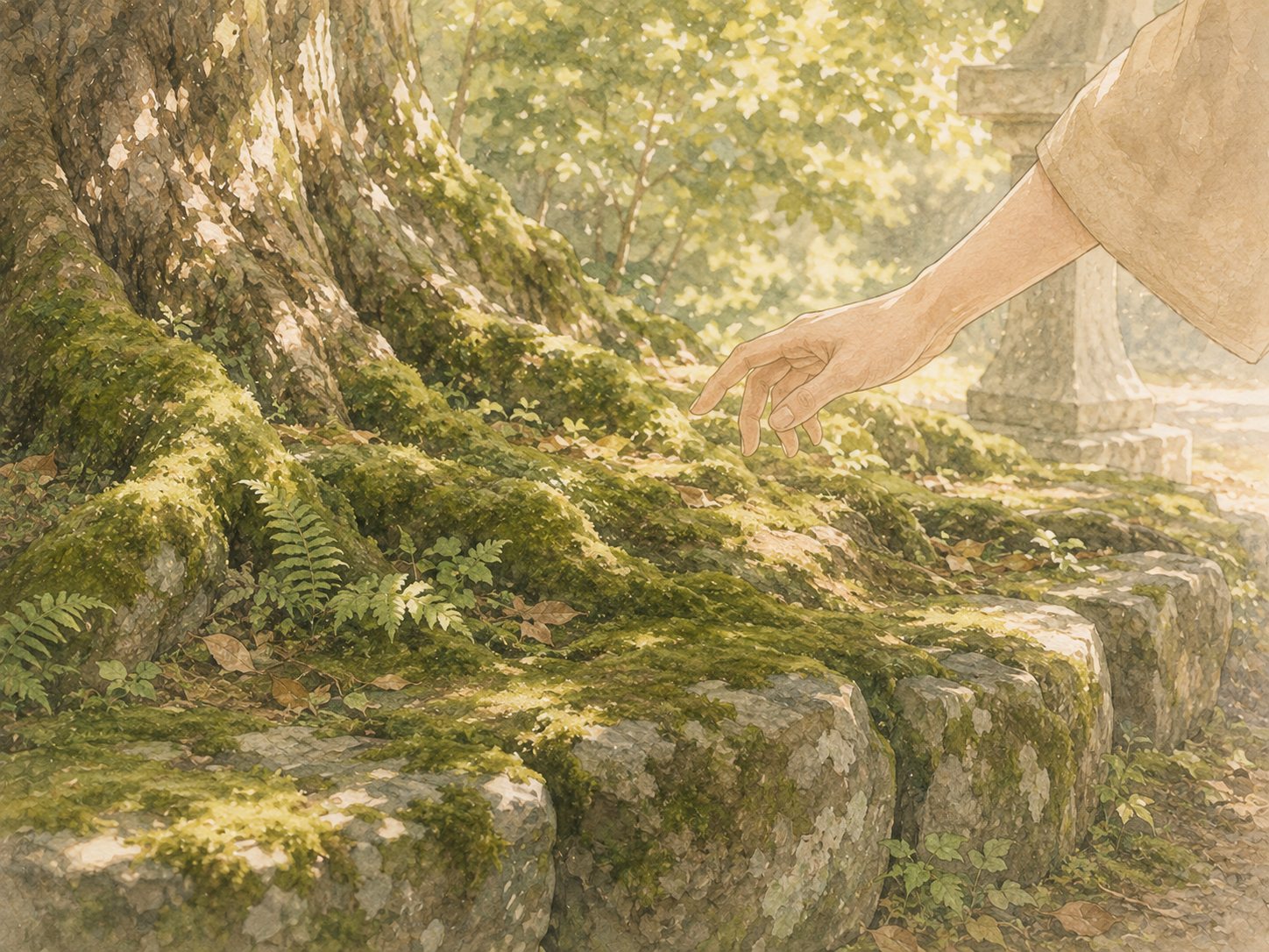 木の根元の苔に手を伸ばし、触れずに止めているところ